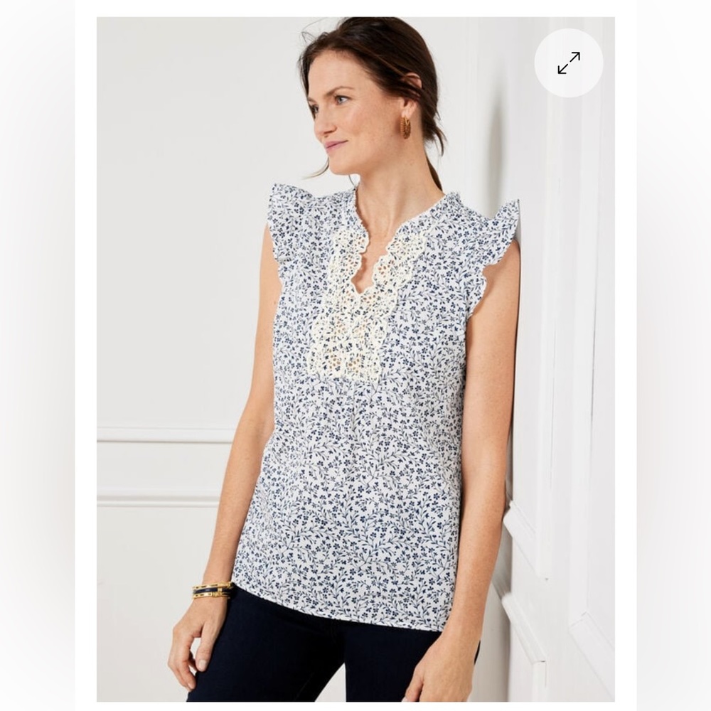 Talbots Floral Short Sleeve Shirt (EMBROIDERED RUFFLE TRIM SHELL DITSY) size L